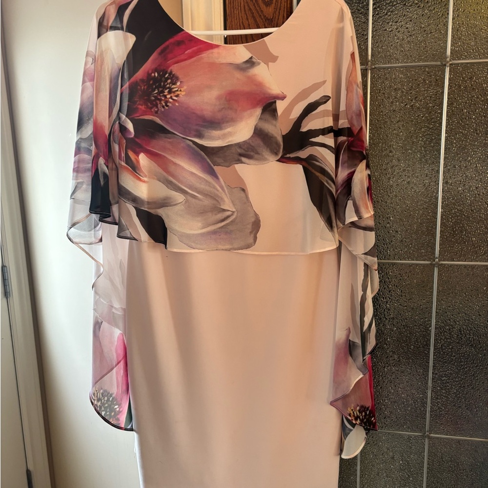 Frank Lyman White Sheath Dress with Pink & Purple Floral sheath layer over top.